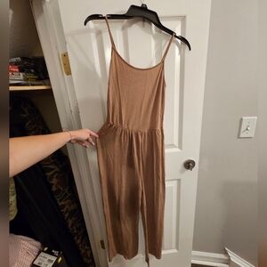 Tan Sleeveless Jumpsuit with Spaghetti Straps and Relaxed Fit